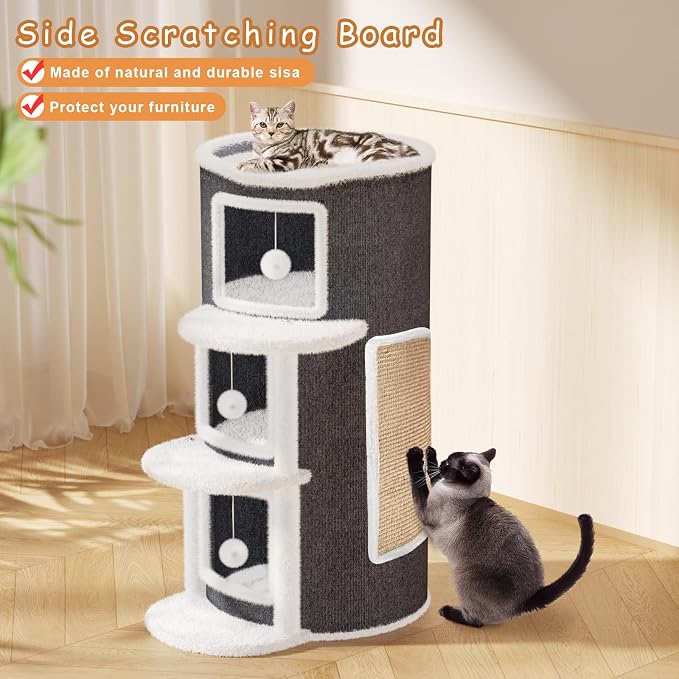 3-Storey Cat Beds for Indoor Cats House, Covered Beds & Furniture with Scratch Pad, Cat Hideaway Cave, Condo with Dangling Fluffy Balls for Multiple Kitten, Grey 15.75X15.75X35.43INCH - Image 3