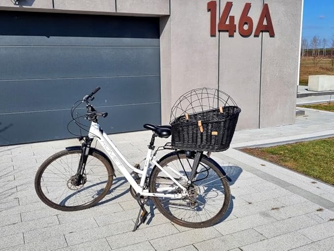 Natural Wicker Dog Bike Basket - 100% Organic Rattan Pet Carrier with Protective Grille - Eco Friendly Design - Soft Cotton Cushion & Mounting Bracket for Secure Bicycle Rear Luggage Rack