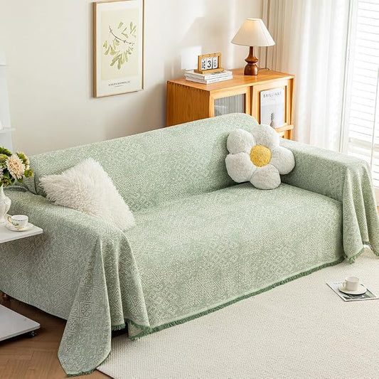 ROOMLIFE Green Sofa Cover, Vintage Boho Couch Cover for 3 Cushion Sofa, Soft Breathable Sofa Cover for Dog, Washable Furniture Sofa Protector Cover Blanket with Tassel for Living Room, 71 '' X 118'' by ROOMLIFE