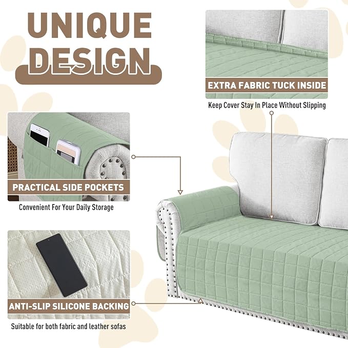MAXIJIN Waterproof Chair Cover for Dogs Washable, Quilted Chair Seat Cover Sofa Slipcover for Armchair with Side Pockets, Non-Slip Furniture Protector for Pets Kids (Chair, Mint Green) - Image 5