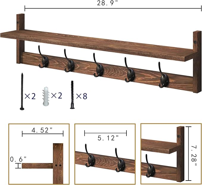 BAMEOS Wall Mounted Coat Rack with Adjustable Easy Install, Rust Proof, Brown Wooden Material, 28.9 Inch Length - Image 6