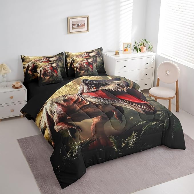 Erosebridal Dinosaur King Bedding Set - Fierce Animal Bed in A Bag,Forest Jungle Theme Comforter Sets with Sheets, Wild Animal Print 7 Pieces Bed Set Bedroom Decor - Image 4