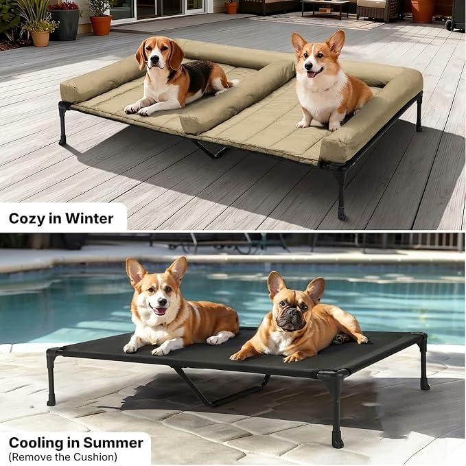 Veehoo Elevated Dog Bed for Two Dogs, Cooling Raised Dog Bed with Removable Waterproof Bolster Mat, 49" x 33" Double Dog Bed, Outdoor & Indoor Pet Cot with Breathable Mesh, Non-Slip Feet, Beige - Image 5
