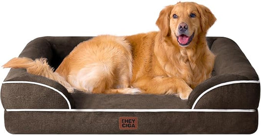 EHEYCIGA Orthopedic Extra Large Dog Bed, Waterproof Washable XL Pet Bed 44" | Non-Slip Bottom and Egg-Crate Memory Foam Big Dog Couch Bed with Washable Removable Cover, Brown, 44Inch by EHEYCIGA