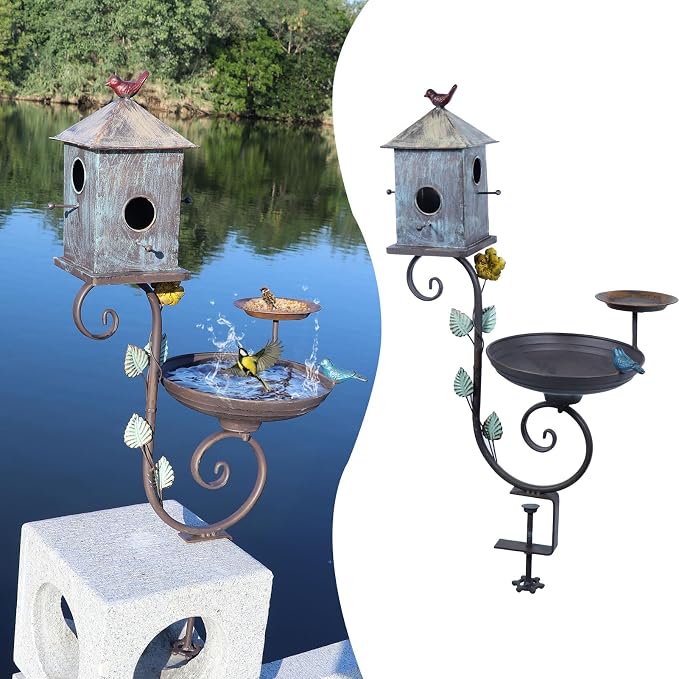 Deck Bird Bath, Metal Bird Bath and Bird Houses, Deck Mounted Bird Bath | Detachable and Adjustable Sturdy Deck Bird Bath for Outdoor Porch Yard Garden Decoration by HLQMFHT