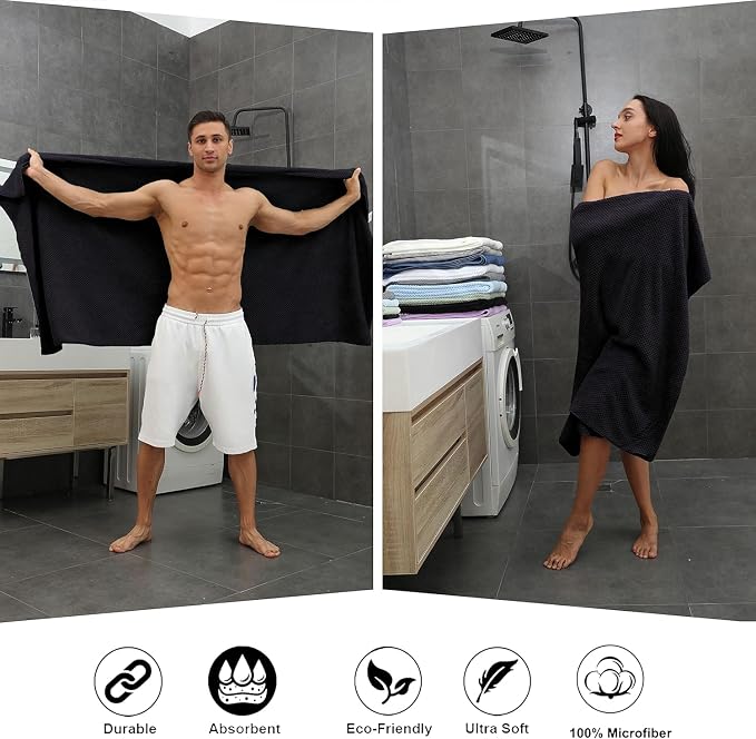 8-Piece Bath Towel Set, 2 Extra Large Bath Towel Sheets, 2 Hand Towels and 4 Washcloths - Highly Absorbent Quick Dry Microfiber,Ultra Soft Towel Set for Bathroom,Waffle Weave Design, Pack of 8 (Black) - Image 5