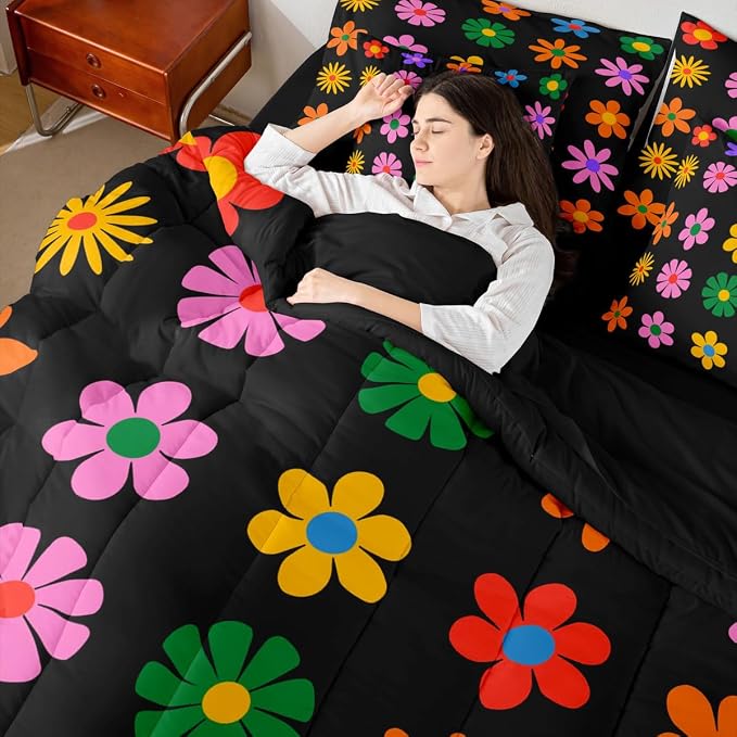 Feelyou Cute Flower 7 Piece Bedding Set Queen Size Colorful Flower Comforter Set with Sheets for Kids Boys Girls Black Colorful Bed in a Bag Kawaii Theme Bed Set - Image 5
