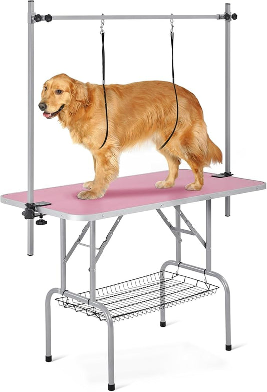 Yaheetech 46'' Pet Grooming Table for Large Dogs Adjustable Height - Portable Trimming Table Drying Table w/Arm/Noose/Mesh Tray Maximum Capacity Up to 265Lb -Pink by Unknown