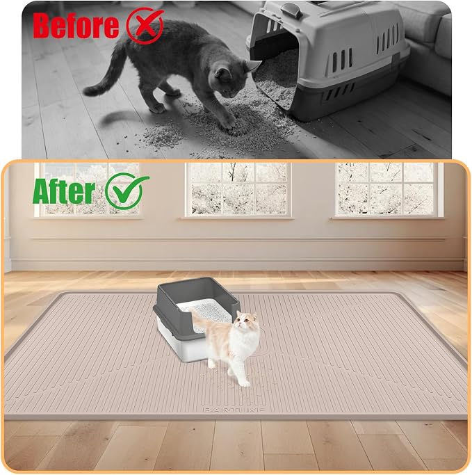 Silicone Cat Litter Mat 45" x 30" Cat Mat for Litter Box, Khaki | Extra Large Cat Litter Trapping Mat for Floor, Waterproof, Non-Slip Kitty Litter Box Mat with Raised Edge, Easy to Clean - Image 4