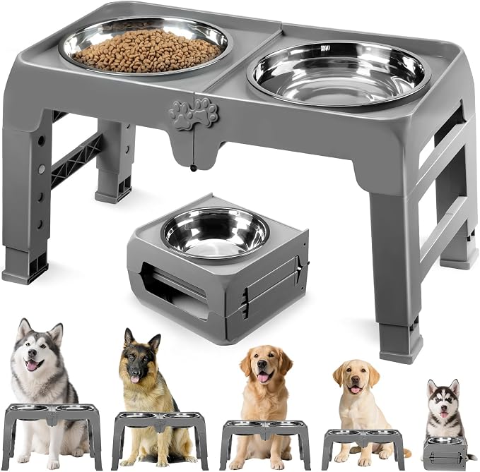 Elevated Dog Bowls for Large Dogs 5 Adjustable Heights 7.5"-15.4", 2 X-Large 10” Stainless Steel Bowls, Heavy Duty Raised Dog Bowl Stand Foldable Pet Feeder for Dogs Shoulder Height Over 15”, Grey by COMESOON