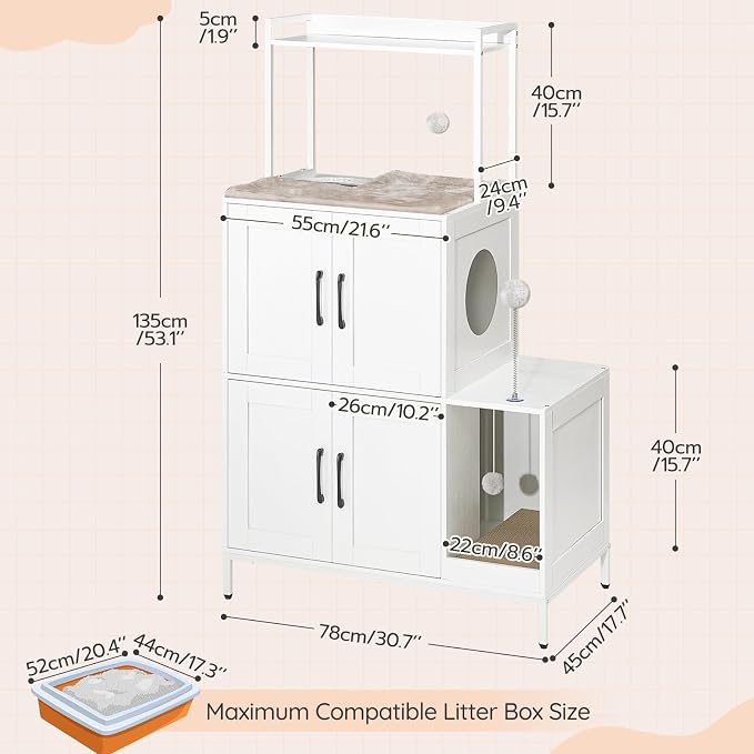 HOOBRO Litter Box Enclosure, Litter Box Furniture with Storage, 2-in-1 Hidden Cat Furniture with Shelf, 2 Dangling Plush Balls and 1 Toy Ball, Large Wooden Cat Washroom, White WT78MW01 - Image 5