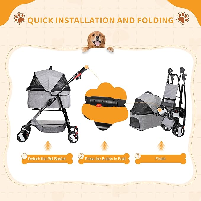 ZENY Pet Stroller, 3 in1 Foldable Dog Cat Jogger Stroller with 4 Wheels, Detachable Basket and Cup Holder, Travel Folding Carrier for Small/Medium Pet (Gray)