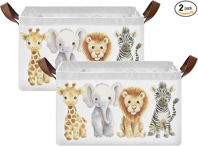 Watercolor Jungle Animal Cute Wildlife Storage Basket for Baby with Handles&Label Rectangular Waterproof Nursery Storage Bins Collapsible Organizer Baskets for Kids Cloth Gift Toys Laundry Shelf, 2 PC by Unknown