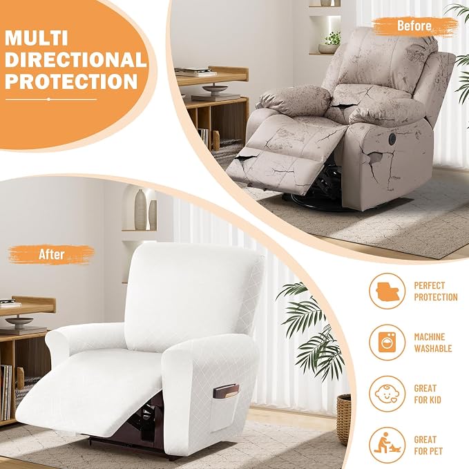 vctops Diamond Recliner Cover 4-Pieces Recliner Stretch Sofa Slipcover 1 Seater Couch Protector Soft Solid Furniture Protector Covers with Elastic Strap (White,1 Seat) - Image 5