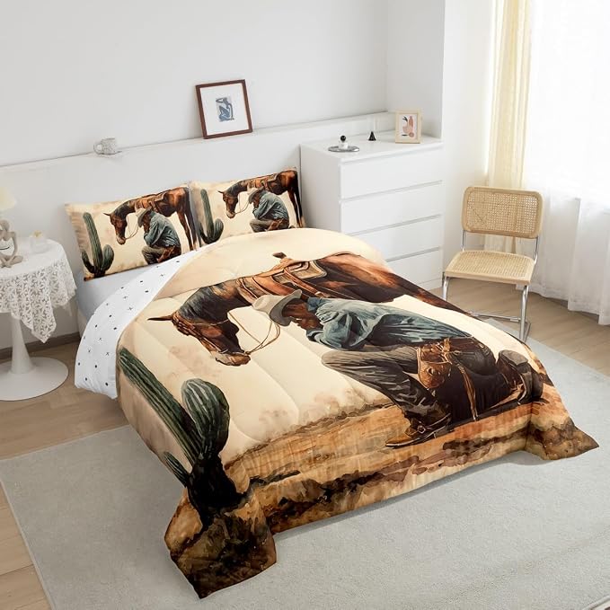 Manfei Western Horse Cowboy Comforter Sets Queen Size,Southwest Desert Cactus Bedding Comforter for Kids Boys,Rustic Farmhouse Style Quilt Sets for Bedroom Decor,Duvet Insert,2 Pillowcase,Beige Brown - Image 6