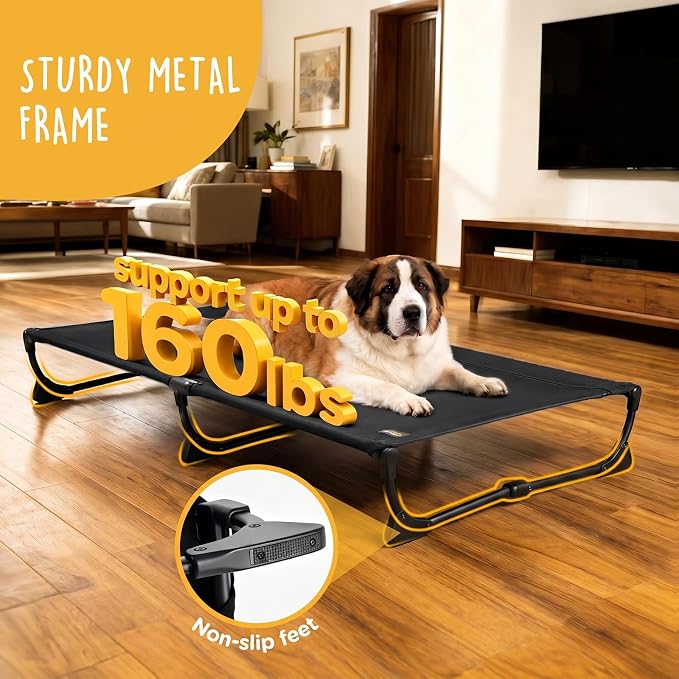 CANINE CANYON Upgraded Non-Slip Daisy Cot, Large Foldable Elevated Dog Bed, Portable Raised Outdoor Folding Dog Cot for Camping/Home, Chew Proof Waterproof Heavy Duty Up to 160 Lbs, Black, 43"x27" - Image 3