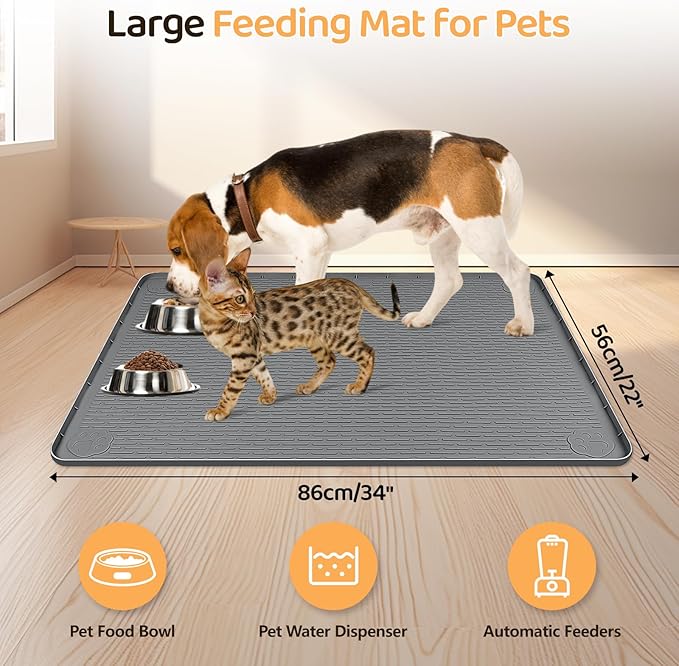 Dog Food Mat 34''x22'' Extra Large Dog Mat for Food and Water, Dark Grey | Silicone Dog Bowl Mat with Raised Edge, Waterproof Non-Slip Pet Feeding Mat for Floors, fit for Dog Cat Bowls - Image 2