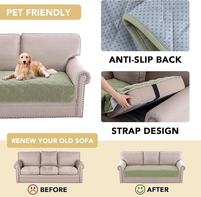 H.VERSAILTEX Couch Cover Chenille Pet Fuzzy Sofa Covers for 3 Cushion Couch Anti Slip Washable Sofa Slipcovers with Strap Soft Couch Protector Cover for Dogs Cats Kids(34.5" x 82", Tender Green) - Image 4