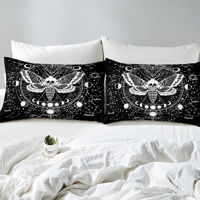 Erosebridal Bohemian Moth Comforter Halloween Skull Bedding Set Full Size Sun Moon Constellation Duvet Set for Kids Boys Girls Teens Gift Gothic Moth Skull Skeleton Bones Lightweight Down Comforter - Image 4