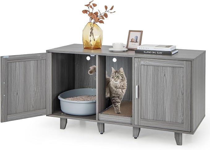 Tangkula Patented Double Cat Litter Box Enclosure for 2 Cats, Large Stackable Hidden Privacy Cat Washroom Cabinet with Scratching Board, Indoor Cat House TV Stand, Litter Box Furniture (Grey Oak) by TANGKULA