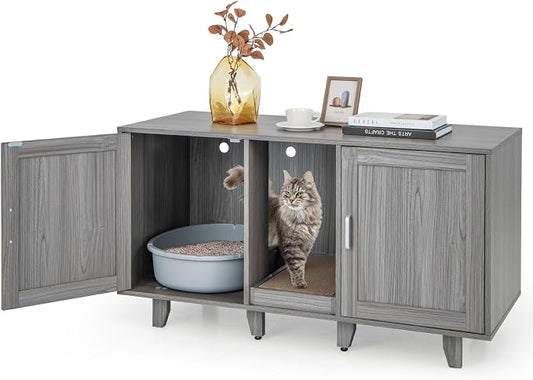 Tangkula Patented Double Cat Litter Box Enclosure for 2 Cats, Large Stackable Hidden Privacy Cat Washroom Cabinet with Scratching Board, Indoor Cat House TV Stand, Litter Box Furniture (Grey Oak) by TANGKULA