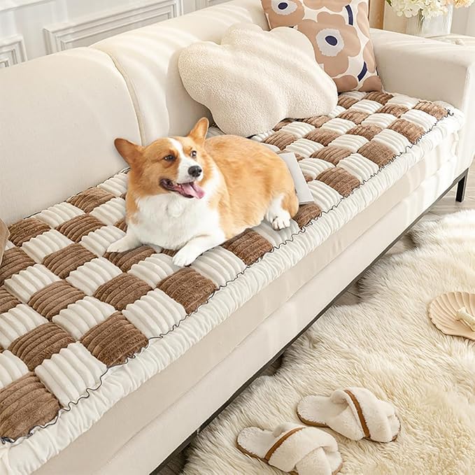Fluffy Couch Cover for Pets - Large Cream-Coloured Fuzzy Plaid Square Pet Mat Bed Couch Protector - Bay Window Cushion Bedside Carpet (Brown, 23.6 * 70.9in) by Triflice