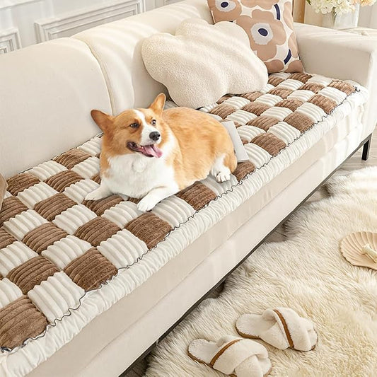 Fluffy Couch Cover for Pets - Large Cream-Coloured Fuzzy Plaid Square Pet Mat Bed Couch Cover Protector - Bay Window Cushion Bedside Carpet (Brown, 27.6 * 70.9in) by Triflice