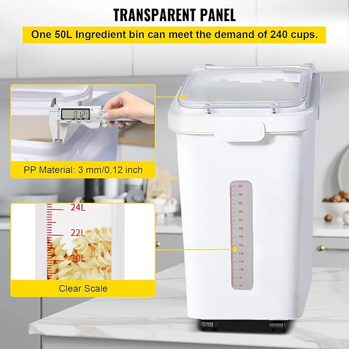 VEVOR Ingredient Storage Bin, 11.4 Gallon Capacity Shelf Ingredient Bin, 280 Cup Flour Bins on Wheels Commercial Prosave Shelf-storage Ingredient Bin with Lid and Scoop Rice Bin for Kitchen White - Image 4