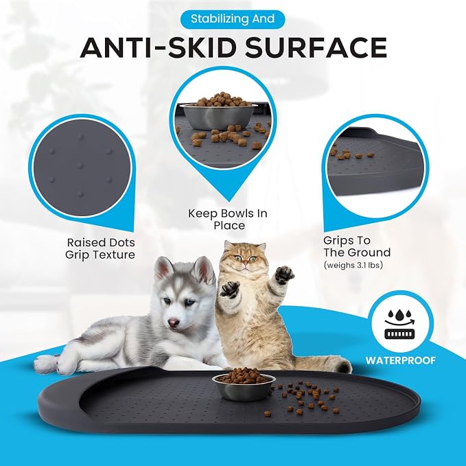 Dog Food Mat - 29” x 16.6” Pet Feeding Mat with Residue Collection Pocket - Large Silicone Dog Mat for Food and Water - Waterproof Dog and Cat Bowl Mat, High Edges to Prevent Spills, Gray - Image 5