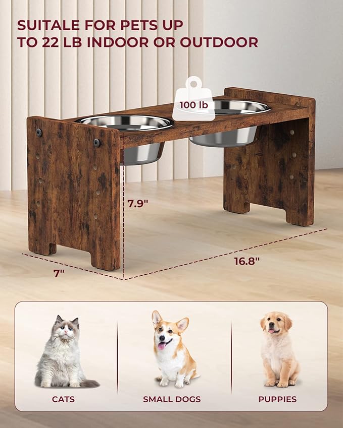 Vantic Elevated Dog Bowls, Raised Bowl Stand Adjustable Small, Rustic Brown | Particle Board Raised Feeder with 2 Stainless Steel Bowls, Adjustable Height for Small Puppies and Cats - Image 6