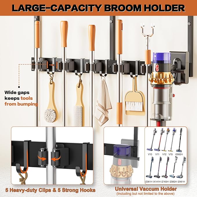Broom Holder Wall Mount with Cleaning Supplies Organizer, Laundry Room Organization and Storage Shelves with Mop Hanger Rack Gripper Hooks, Utility Shelf Closet Organizer for Home Garage Kitchen - Image 2