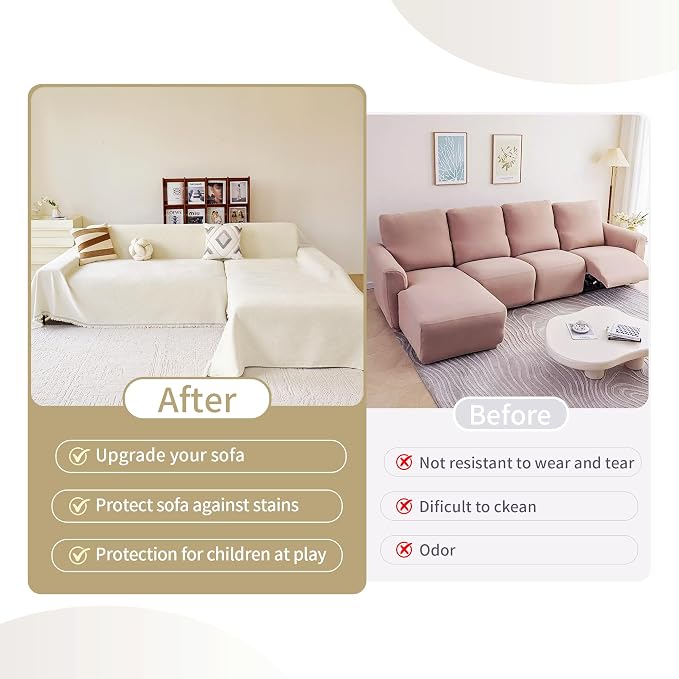 VANJOROY Beige Couch Sofa Cover for 3 Cushion Sectional Sofa L-Shape -Washable Chenille Couch Cover for Dogs Pets, Couch Cover Protector Soft Sofa Slipcovers with Tassel,71"x 134" - Image 9