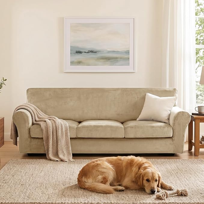 XINEAGE 4-Piece Velvet Oversize Sofa Cover, Couch Covers for Dog,Camel | 3 Cushion Large Sofa,Stretch Non-slip Elastic, Pet-friendly, Washable, Fast Setup, Soft Plush Fabric, Furniture Protector. - Image 4