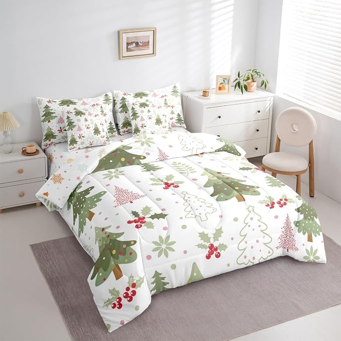 Erosebridal Kids Cartoon Christmas Bed in A Bag 7 Pcs Kawaii Christmas Tree Comforter Set for Kids Boys Girls Cute Xmas Pine Tree Bedding Sets Twin Red Berry Botanical Xmas Sheet Set with Comforter - Image 4