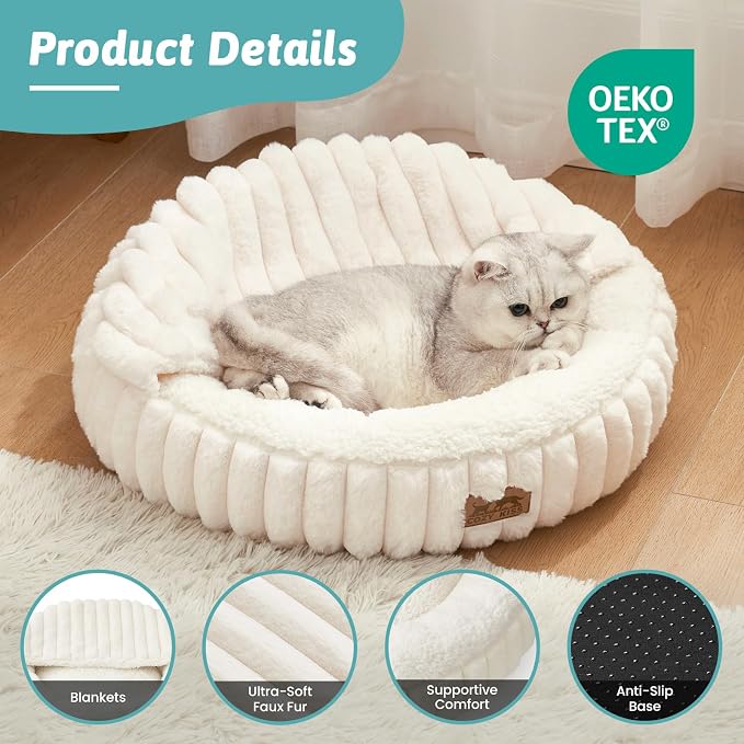 Cat Bed with Hooded Blanket, Round Fluffy Anti-Anxiety Pet Bed for Cats/Small Dogs, Cozy Donut Cuddler with Machine Washable Faux Fur & Anti-Slip Bottom(23"×23"×6",Cream) - Image 4