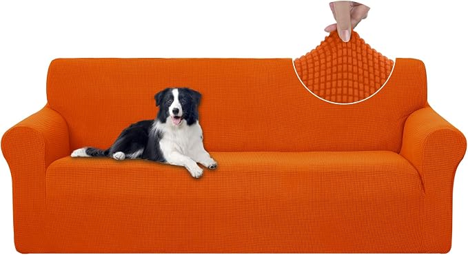 U-NICE HOME Stretch Couch Cover Slipcover for 3 Cushion Sofa, Orange | 1-Piece Sofa cover, Washable, Pet friendly, Furniture protector, Polyester Spandex Jacquard fabric by U-NICEHOME