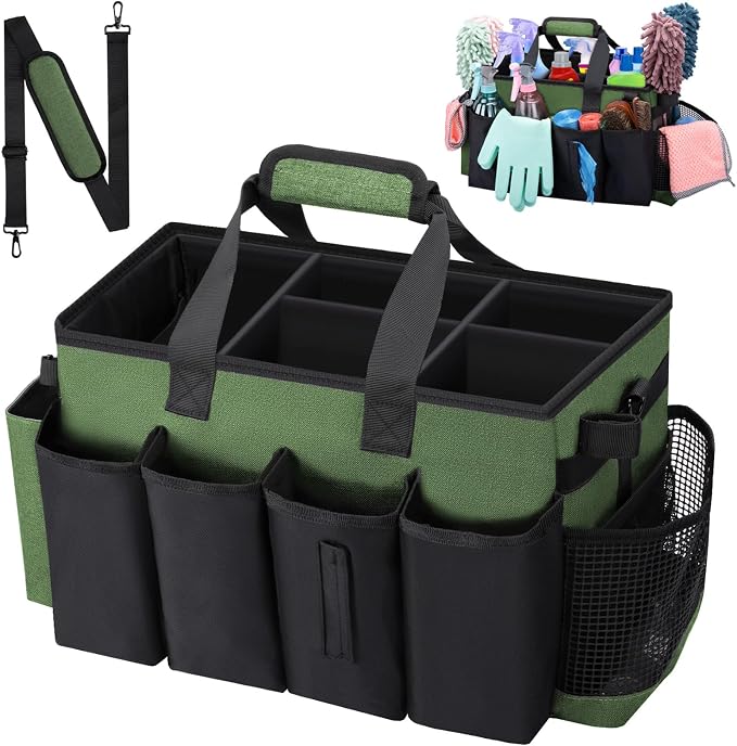 Wearable Large Cleaning Caddy Bag for Housekeeper, Clean Supply Organizer with Adjustable Shoulder, Waist & Handle Straps, Detailing Bag for Kitchen Supplies (Green) by wigojoy