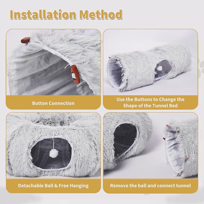 Cat Tunnels Bed with 1 Straight Tunnel and 20 Pet Toys - 5 Shapes DIY Indoor Cats Cave - Detachable Soft Cat Donut for Kitten Puppy Rabbit Ferret - Image 3