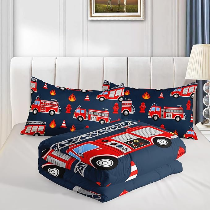 QOOMO Fire Truck Kids Comforter Set, 3Pcs Bedding Set, Full Size, Printed Comforter with 2 Pillowcases, Down Alternative, Soft and Lightweight, for All Seasons - Image 4