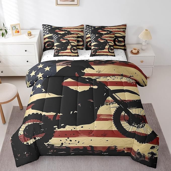 Feelyou Dirt Bike Comforter Set with Sheets Twin Size Racing Motocross Rider 7 Piece Bedding Set for Kids Boys Girls Teens Toddler Extreme Sports Bed in a Bag Vintage Retro Bed Set - Image 3