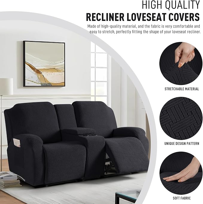 KinCam Loveseat Recliner Covers with Middle Console Slipcover, Black | Stretch Recliner Sofa Covers for 2 Seat Couch Cover, Jacquard Furniture Protector Covers with Elastic Bottom for Kids, Pets - Image 2