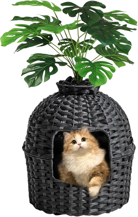 SETVSON Cat Litter Box Plant Furniture Enclosure, PE Rattan House, Black | Decorative Planter Design, Easy Clean, Artificial Plants & Real Stones Included, Private Inner Litter Box, 20" x 20" Compact by SETVSON