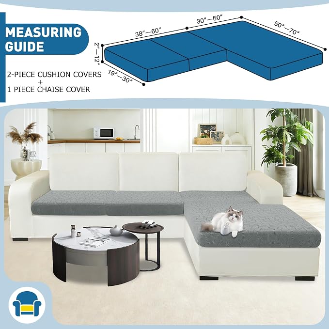 MAXIJIN Waterproof Sectional Couch Cover 3 Pieces Stretch Couch Cushion Covers for Sectional Sofa L Shape Seat Slipcovers with Elastic Bottom for Dogs Pets (2 Seater + 1 Chaise, Light Gray) - Image 2