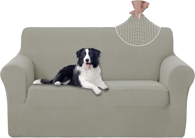 U-NICE HOME Loveseat Cover Stretch Couch Cover Sofa Slipcover, Taupe | 2 Cushion Sofa, 1-Piece Sofa cover, Washable, Pet friendly, Furniture protector, Polyester Spandex Jacquard fabric by U-NICEHOME