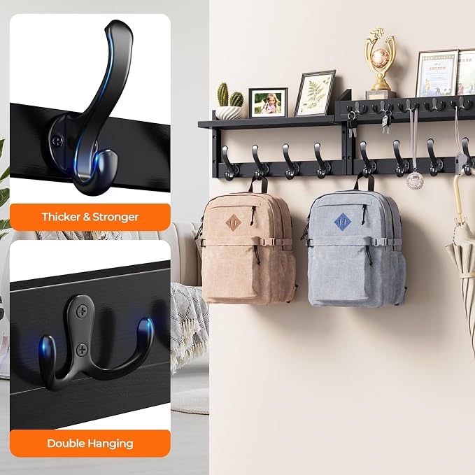 Evermagin 35" Coat Rack Wall Mount with Shelf & 13 Hooks, Entryway, Black | 4-in-1: coat hooks, key hanger, mail holder & display shelf. Pine wood. For bedroom, hallway, mudroom, livingroom - Image 6
