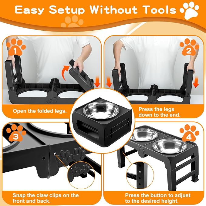 Elevated Dog Bowls for Large Dogs 5 Adjustable Heights 7.5"-15.4", 2 X-Large 10” Stainless Steel Bowls, Heavy Duty Raised Dog Bowl Stand Foldable Pet Feeder for Dogs Shoulder Height Over 15”, Black - Image 6