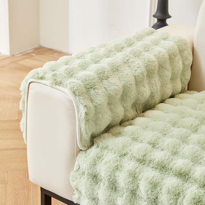 DREAMINGO Faux Fur Couch Armrest Cover, Soft Plush Sofa Covers for Pet Washable, Non Slip Furniture Protector for 2-3 Cushion Couch Sofa, 27.6x27.6 Inch, Green by DREAMINGO