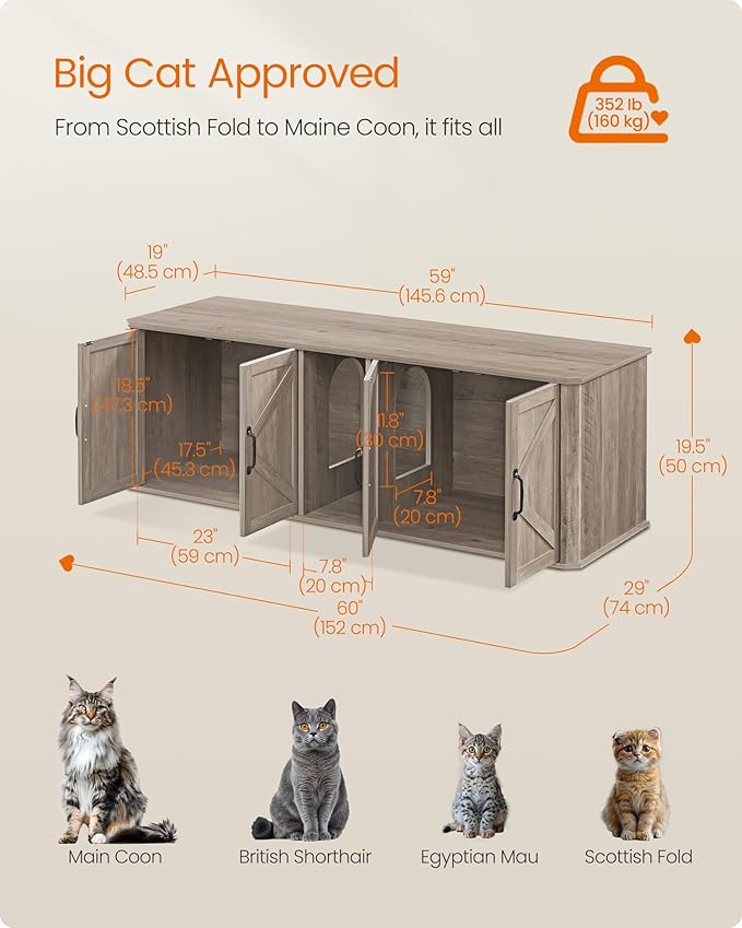 Feandrea Double Cat Litter Box Enclosure, Modern Litter Box Furniture Hidden for 2 Cats, Front Entry, Cat House, Side End Table, TV Stand, 59 x 19 x 19.5 Inches, Heather Griege UPCL010G01 - Image 5