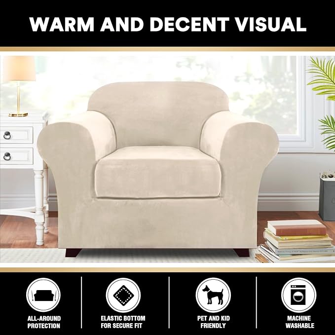 PrinceDeco Velvet Plush Couch Cover Stretch 2 Piece Chair Cover Chair Slipcover Washable Furniture Protector Couch Soft with Elastic Bottom Armchair Cover Width Up to 49 Inch(Small, Ivory) - Image 7