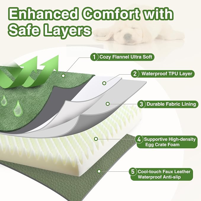 Waterproof Extra Large Dog Bed Washable Outdoor Orthopedic XL Crate Pad 42" | Reversible Wipeable Faux Leather & Soft Flannel, Durable Foam Pet Bed, Removable Cover,Anti-Slip Kennel Pad 41"x27" Green - Image 6